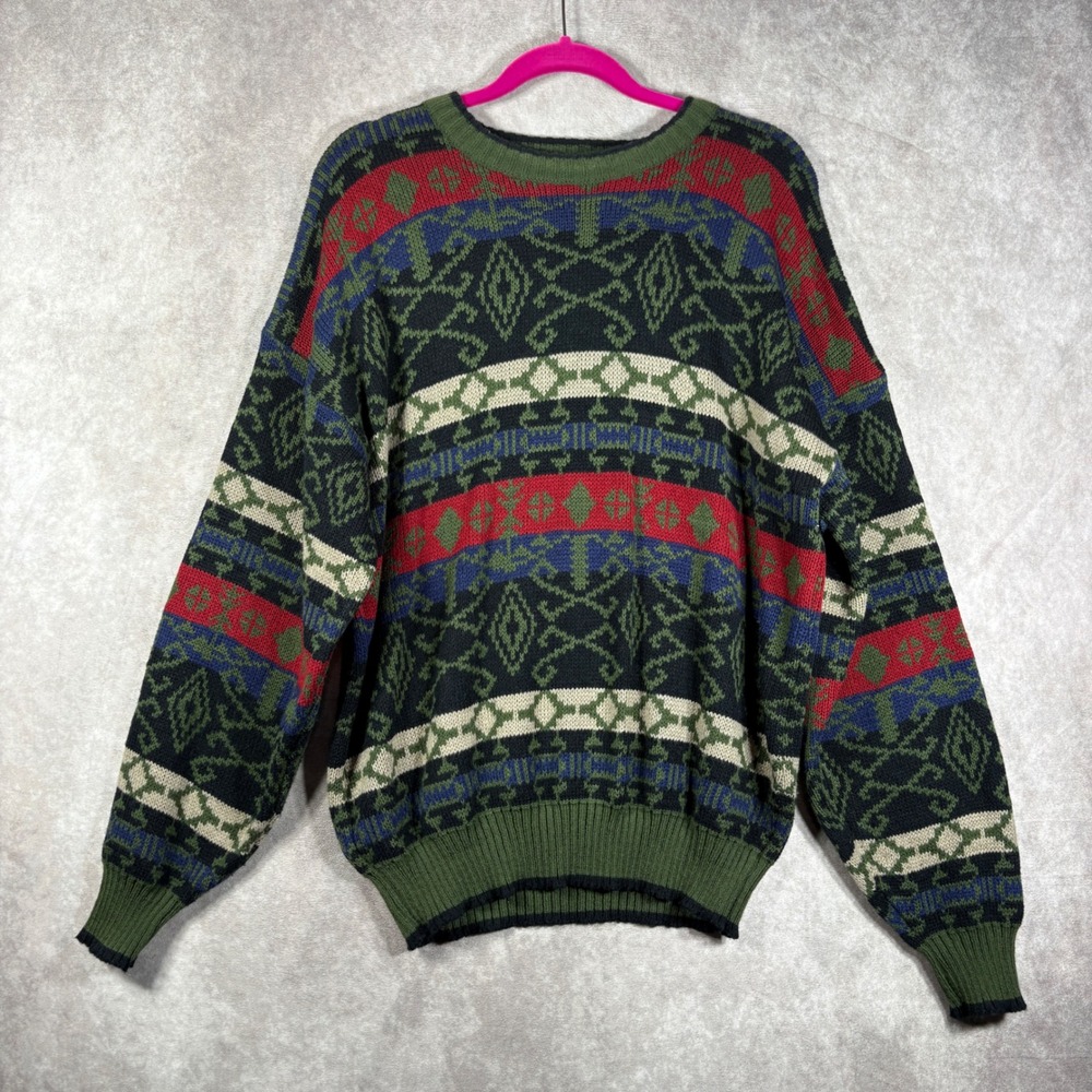 Vintage Trophy Club Sweater L Multi Geometric Knit Retro 90s Grandpa Old Money